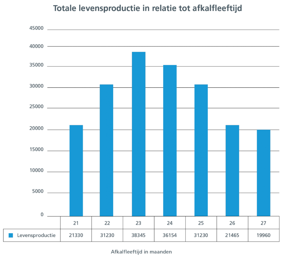 Totale levensproductie in relatie tot afkalfleeftijd van vaarzen in maanden (Bron: Schothorst 2011)