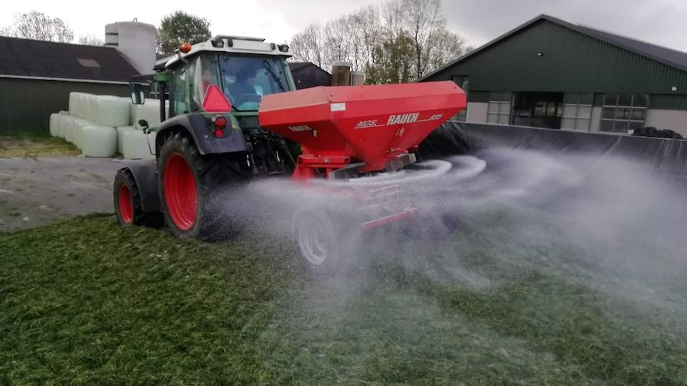 Na het inkuilen is er 1 kilo zout per vierkante meter over de toplaag verdeeld. Dit om de ontwikkeling van schimmels en gisten te remmen. Zodra het weer het toelaat, wil Bregman het laatste deel van de eerste snede inkuilen.