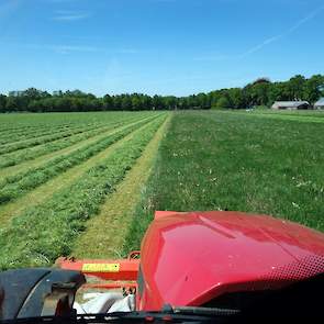 Ook op een gepacht perceel in de buurt lukt het vlot met het maaien. De luzerne is overigens een prima toevoeging voor de kuil, ook omdat hier veel gras en klaver tussen staat, en dat is een „heel mooi eiwitrijk extraatje”.