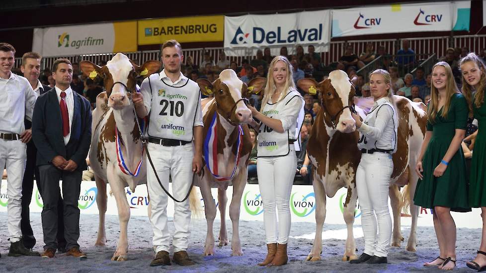 De kampioenes bij elkaar. Kampioene werd Barendonk Massia 7273, de reservetitel was voor Drouner DH Aiko 1445 en de eervolle vermelding ging naar Panta D-H Attico Geertje.