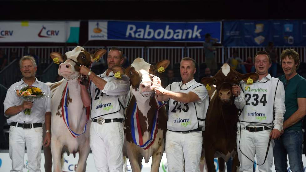 De kampioenen in de roodbonte middenklasse: kampioene Cecibel 8, reservekampioene Gerda 64 en honarable mention Boukje 180, die daarmee de 1A uit haar rubriek passeerde in de finale.