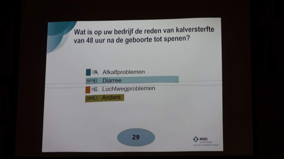 Dierenarts Tolboom verdeelde stemkastjes onder zijn toehoorders om zo de zaal te peilen wat betreft een aantal vragen op het gebied van de gezondheid bij het jongvee.