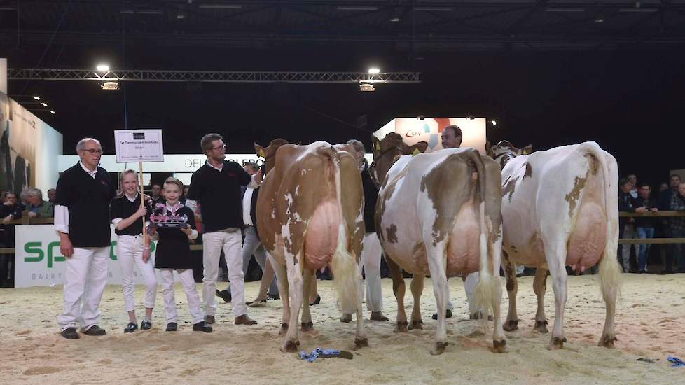 De strijd bij de roodbonte bedrijfsgroepen speelde zich af op hoog niveau. Toch won de uniforme groep met zware, mooitypische koeien van de familie Gosens vrij gemakkelijk.