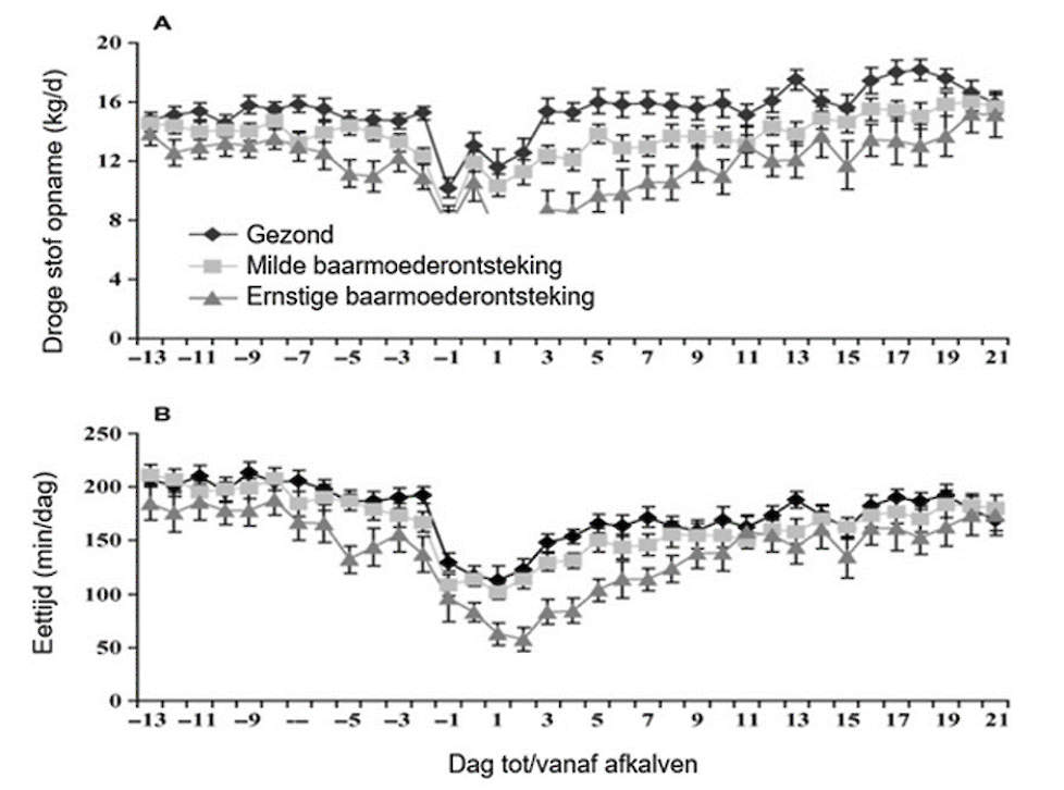 Bron: vertaald vanuit J.M. Huzzey, D.M. Veira et al., Prepartum behaviour and dry matter intake identify dairy cows at risk for metritis.  J. Dairy Sci. 90:3220–3233