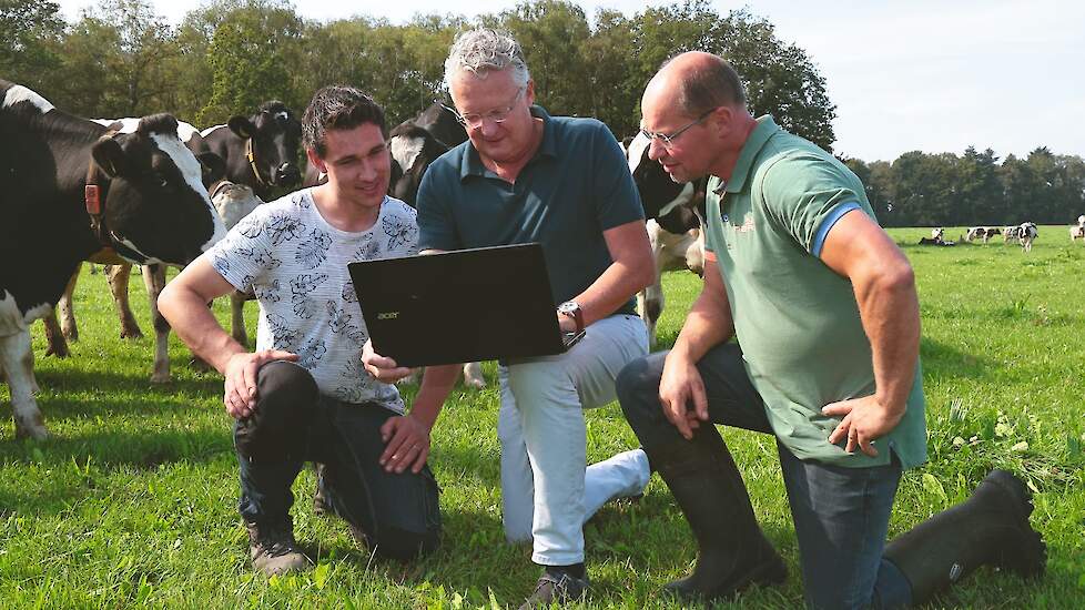 Initiatiefnemer Rik Hoogendoorn geflankeerd door twee melkveehouders die als klankbord fungeren, Gijs Schutte en Jan Scholten Linde.