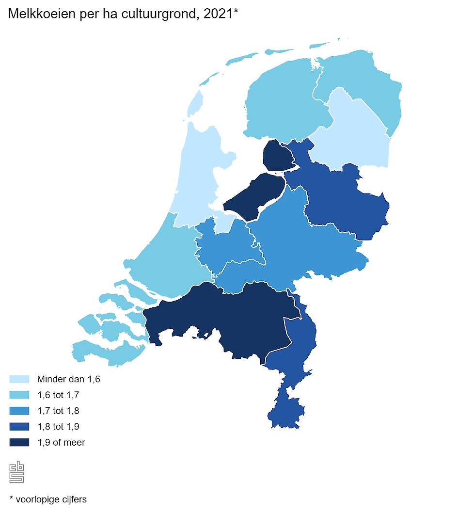 Melkkoeien per hectare cultuurgrond