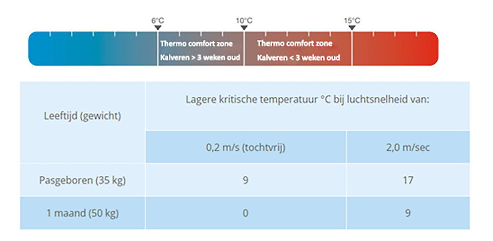 Thermo neutrale zone van kalveren jonger dan 3 weken en ouder dan 3 weken oud. Tocht zorgt ervoor dat kalveren het bij een hogere temperatuur al koud krijgen.   Informatiebron: Agriculture and Horticulture Development Board (AHDB), z.j.