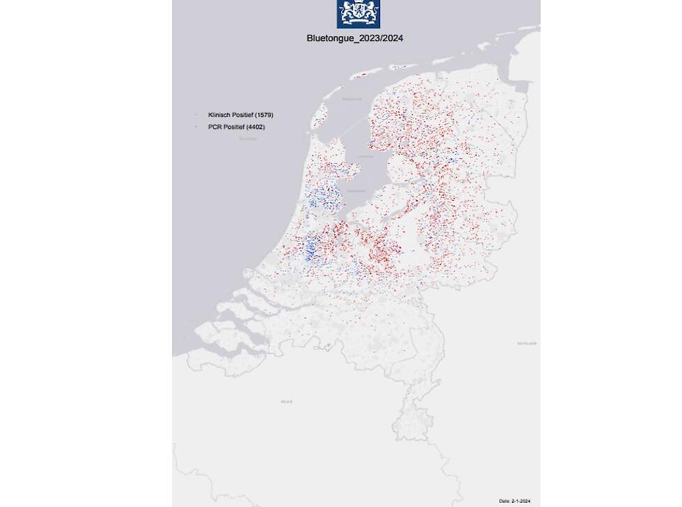 De meest actuele kaart van 02-01-24 met het aantal blauwtongbesmettingen.