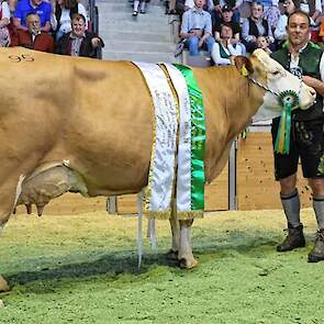 Edelweiss (v. BFG Hutubi) is een derde kalfskoe en werd algemeen kampioene in de middenklasse. „Een complete koe met een geweldige mooie soepele beweging”, aldus het jurylid. Edelweiss maakte een tweede lijst van 10.947 kilogram melk bij een tussenkalftij