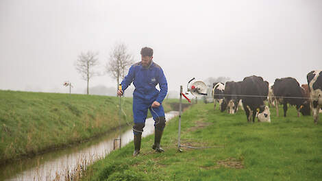 In het weideseizoen verzet Erik van der Velde wel vijf keer per dag de afrastering om de koeien zoveel mogelijk schoon gras aan te bieden.