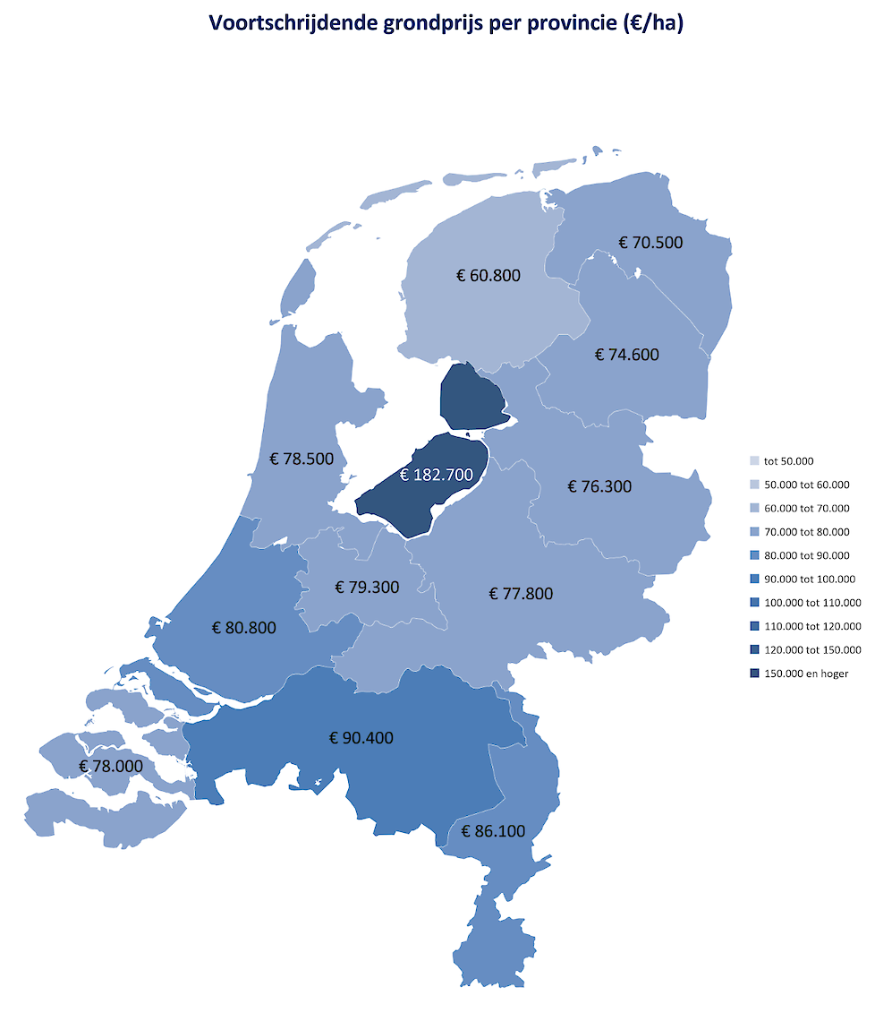 Kaart 1 Agrarische grondprijs naar provincie, 1e kwartaal 2024