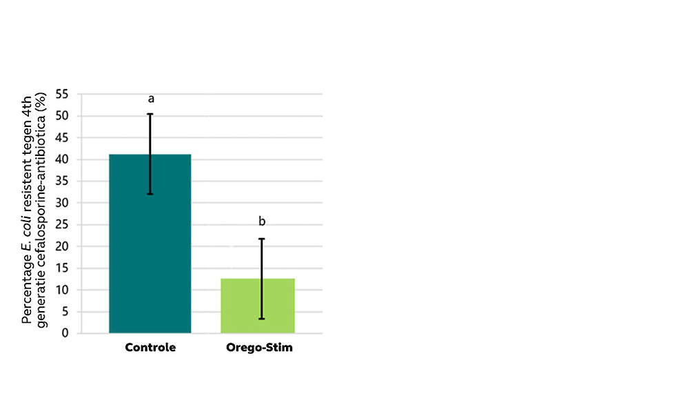 Figuur 3. Percentage E. coli resistent tegen vierde generatie cefalosporine-antibiotica (%) in mest van melkkalveren gevoerd met restmelk. (OEO; Orego-Stim liquid, Anpario plc). Ray et al., 2019; a,b geven significant verschil aan (p