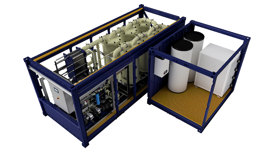 de C-1000 verdamper als mobiele oplossing, in een standaard container en met warmtepomp