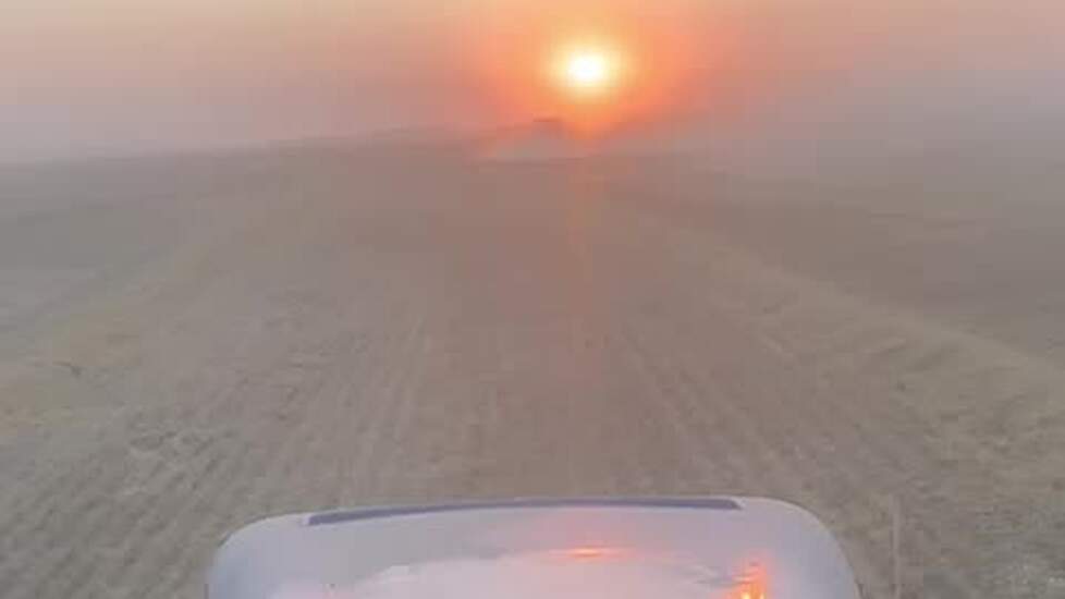 Ochtendzon op land tijdens stoffige gerstoogst, zicht uit de trekkercabine