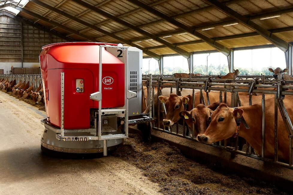 Lely Vector automatisch voersysteem, voerrobot die door de koeienstal heen rijdt