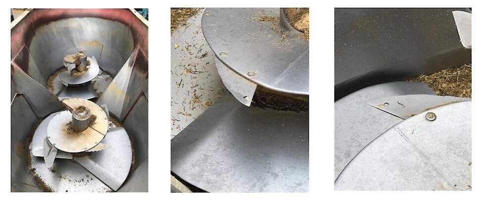 Voorbeelden van versleten messen in de mengwagen
