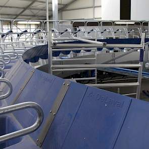 In de carrousel wordt max. 6 kg per dag gevoerd. Knoops voert bijna TMR, maar wil individuele koeien hier toch bij kunnen sturen. Bovendien versnelt dit het instappen.