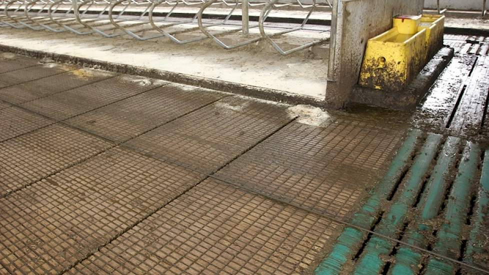 De dichte HCI welzijnsvloer H4 lijkt in eerste oogopslag glad, maar geeft door de blokjes toch goed grip, vertelt Reijers. Door het Groene Vlag systeem is ook de afstort emissiearm. Vanwege de flinke wind en kou op zijn locatie schafte hij -naast een rond