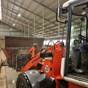 Maatschap Mulder draait de onder druk gevormde pellets, bestaande uit 90 procent stro en 10 procent gras, een maal per maand met een mini-shovel in de diepstrooiselboxen.