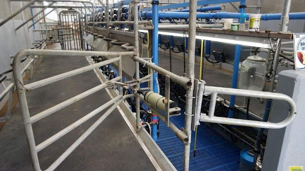 De 2 x 10 DeLaval 60 graden melkstal is een jaar of vijf gebruikt en overgenomen van een veehouder uit de klantenkring van Hans. Henny Harkink en Hans Sleumer hebben bewust niet gekozen voor automatisch melken, vanwege het verschil in kostprijs. Omdat ze
