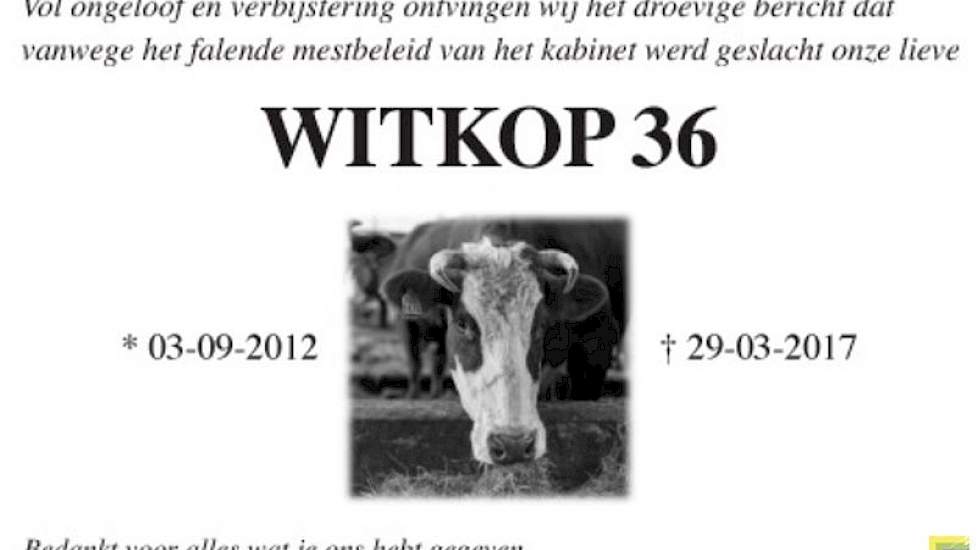 Een van de rouwadvertenties van Wakker Dier.