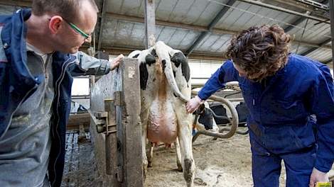 Archieffoto van een boer die met een adviseur een rondgang maakt over het bedrijf.