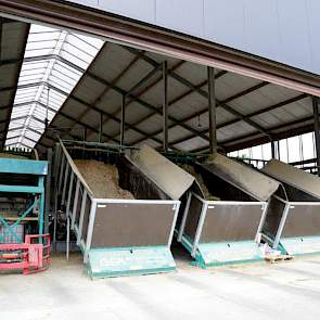 De voerbunkers aan de achterkant van de stal. Een machineloods is op het bedrijf niet te vinden. Ze besteden praktisch alle landwerkzaamheden uit. De enige machines die ze hebben, een trekker van 90 pk, een kleine verreiker met kuilhapper om de voerbunker